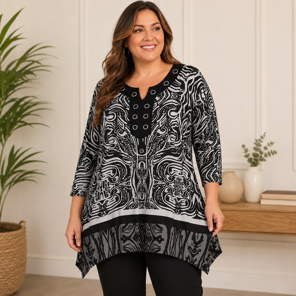 Black White Abstract Print Slinky Grommet Tunic Top 3/4 Sleeve Women's Plus 3X